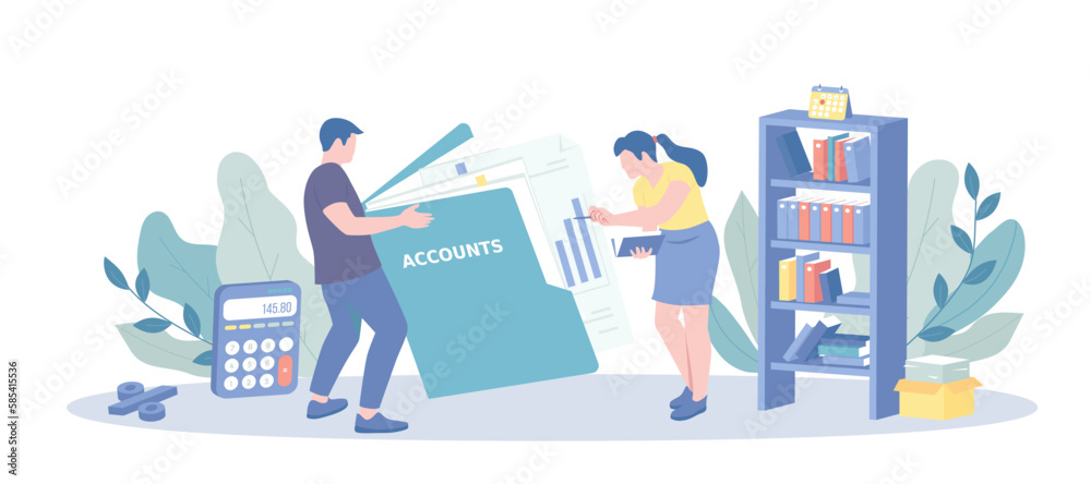 Accounting Audit Financial Management. Accounting consultancy. Professional bookkeeper, money consultant advisor works with documents. Vector illustration with character situation for web. Accounting Audit Financial Management. Accounting consultancy. Professional bookkeeper, money consultant advisor works with documents. Vector illustration with character situation for web.
