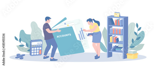 Accounting Audit Financial Management. Accounting consultancy. Professional bookkeeper, money consultant advisor works with documents. Vector illustration with character situation for web. © vectorhot