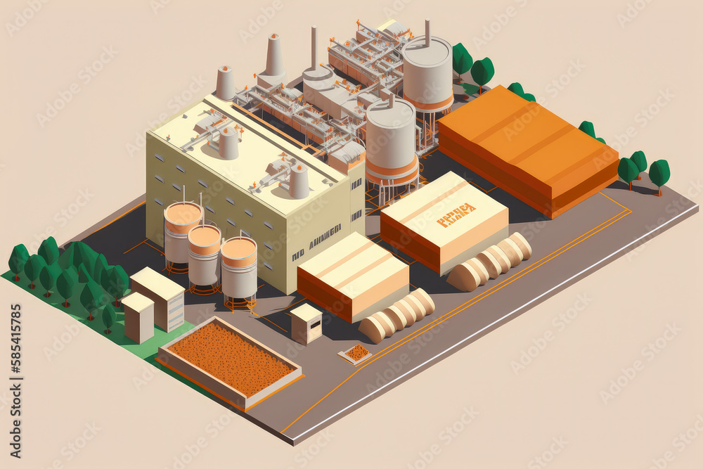 Aerial view of a modern food processing plant with stacks of packaged products, generative ai Aerial view of a modern food processing plant with stacks of packaged products, generative ai