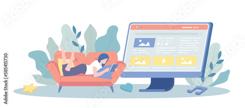 Social Network. Blogging, writing new post, create personal brand, content creation. Young woman sharing content on social media. Vector illustration with character situation for web.