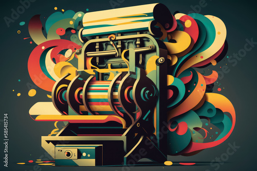 Abstract vector style art of a printing press with a dynamic composition and color scheme, generative ai photo