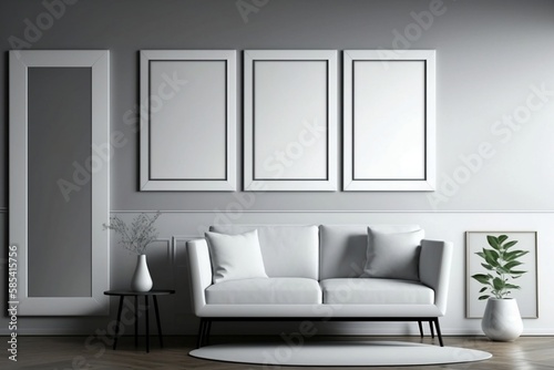 mock up poster frame in modern and simple living room interior background