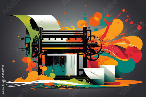 Abstract vector style art of a printing press with a dynamic composition and color scheme, generative ai photo