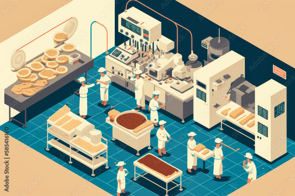 Busy food processing plant with workers in white overalls and machinery in motion, generative ai Busy food processing plant with workers in white overalls and machinery in motion, generative ai