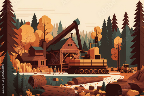Busy sawmill with logs being processed into lumber by large machinery, surrounded by a forest of tall trees in autumn, generative ai