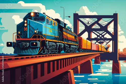 Cargo train carrying goods over a bridge spanning a wide river, generative ai