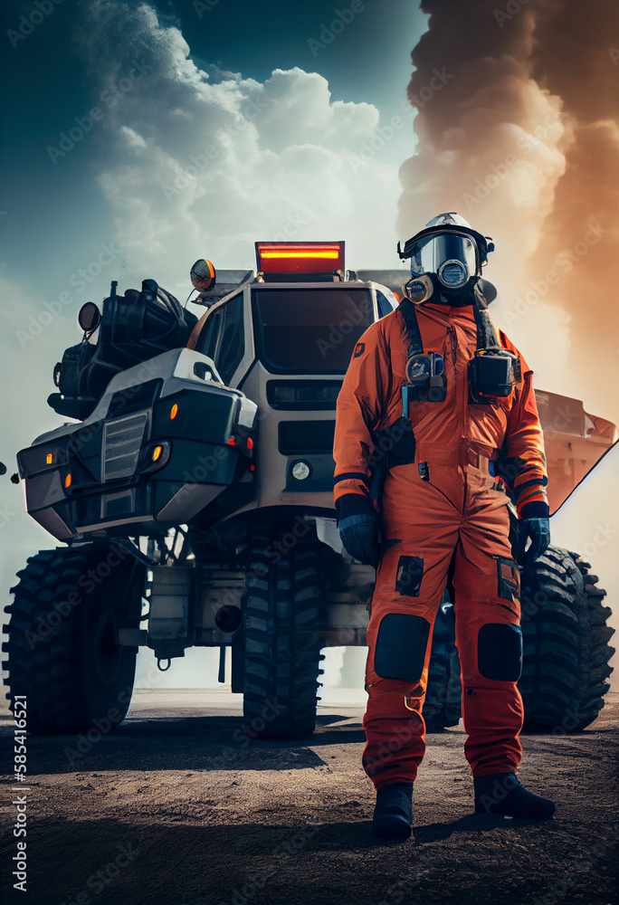Firefighter after the liquidation of an accident at a production site with an aggressive petrochemical environment. Wear an insulating gas mask to avoid the risk of damage to the respiratory system Firefighter after the liquidation of an accident at a production site with an aggressive petrochemical environment. Wear an insulating gas mask to avoid the risk of damage to the respiratory system