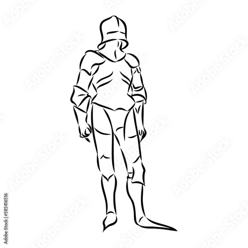 Knight armour engraving vector illustration. Scratch board style imitation. Black and white hand drawn image.