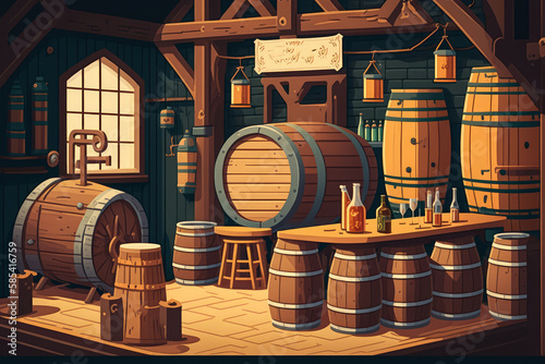 Colorful illustration of a microbrewery with handcrafted beer barrels and a rustic taproom featuring wooden tables and benches, generative ai photo