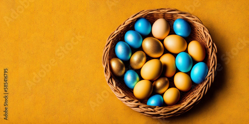 Colorful easter eggs in a basket on a yellow background.