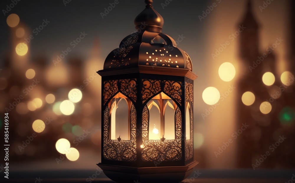Islamic lantern with burning candle, Original traditional ornate oriental lantern Islamic lantern with burning candle, Original traditional ornate oriental lantern