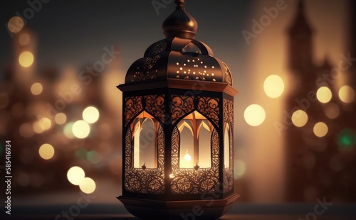 Islamic lantern with burning candle, Original traditional ornate oriental lantern