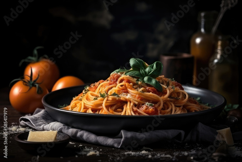 Tasty appetizing classic italian spaghetti pasta with tomato sauce, cheese parmesan and basil on plate on dark table Generative AI