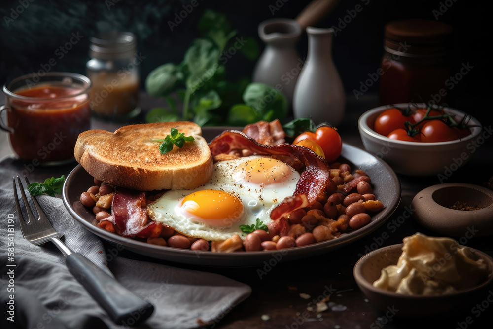 English breakfast with fried eggs, bacon, sausages, beans, toasts and fresh salad Generative AI