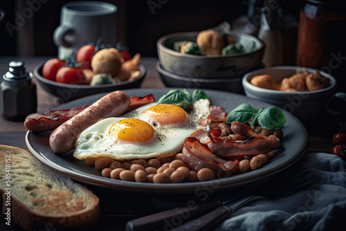 English breakfast with fried eggs  bacon  sausages  beans  toasts and fresh salad Generative AI