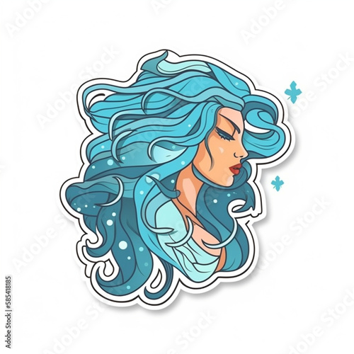 square sticker, full color, contour, white background, Aquarius zodiac