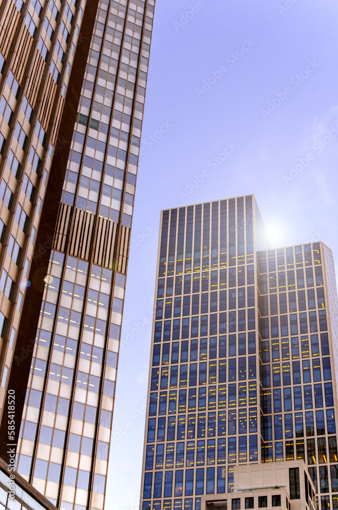 Frankfurt am Main skyscrapers at sunset,low angle view Frankfurt am Main skyscrapers at sunset,low angle view