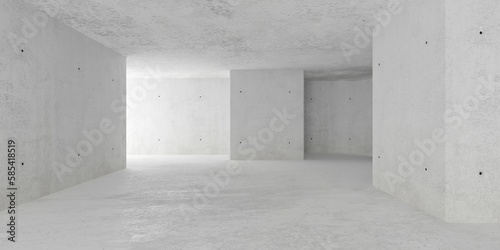 Abstract large, empty, modern concrete room with indirect light from the left, cornered walls and rough floor - industrial interior background template