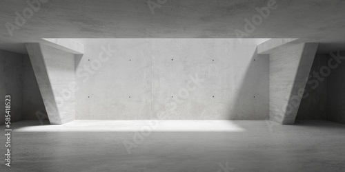 Abstract large, empty, modern concrete room with large ceiling opening in the back, sloped pillars and rough floor - industrial interior background template