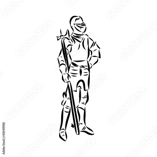 Knight armour engraving vector illustration. Scratch board style imitation. Black and white hand drawn image.