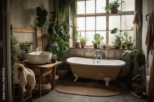 Loft bathroom with white bathtub, green plants, wooden and wicker bohemian elements. Generative AI