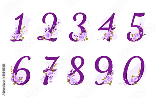 Baby milestone. Collection numbers from 0 to 9 decorated with roses, branches, leaves. For the first year of a baby's life, birthday cards, wedding invitations
