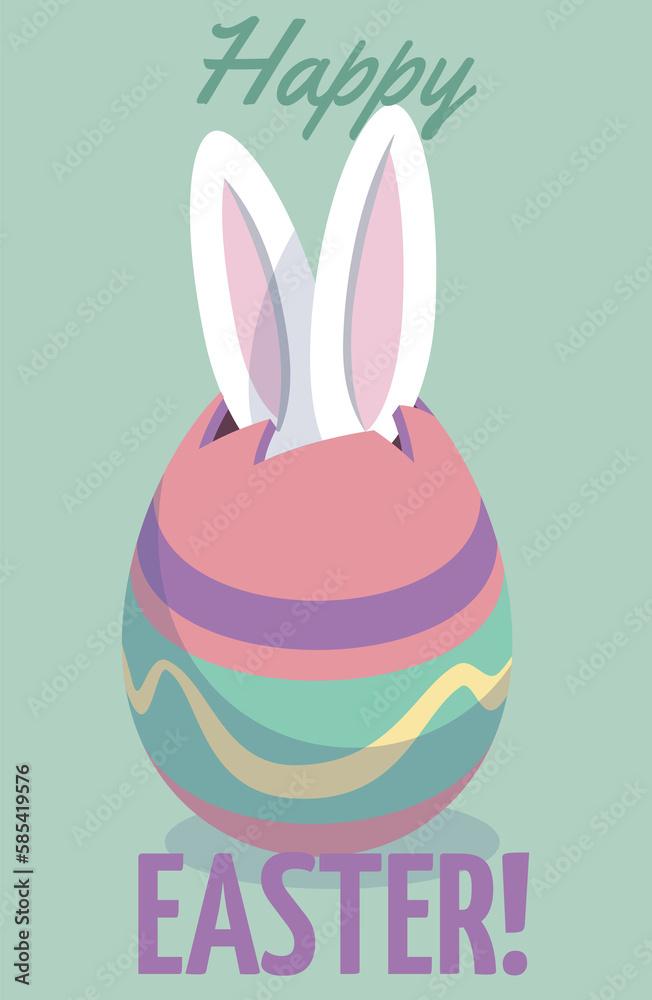 Fototapeta premium Happy Easter card. White bunny ears in painted egg