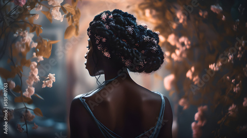 Black beautiful woman from behind in dress, Generative AI