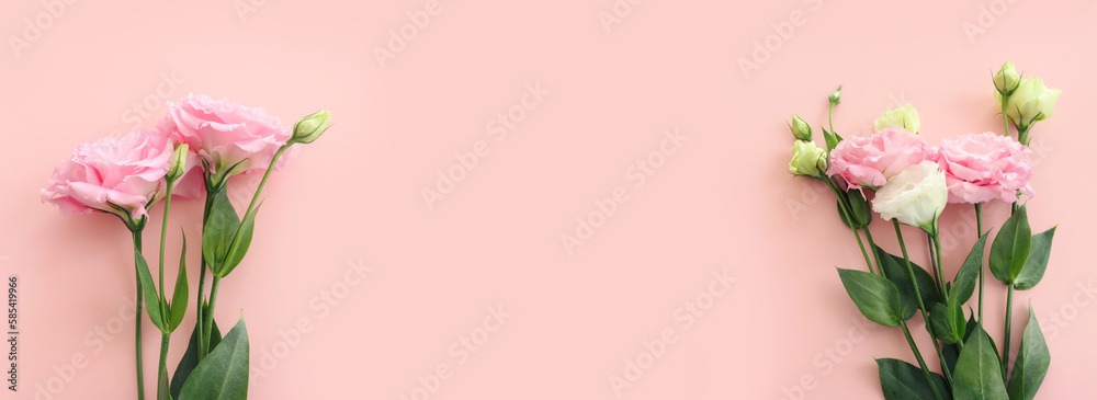 Top view image of delicate pink flowers over pastel background Top view image of delicate pink flowers over pastel background