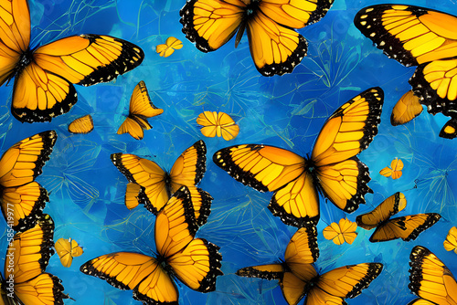 very beautiful blue  yellow  orange  butterflies with color transitions isolated on a transparent background  Generative AI