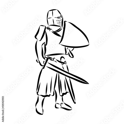 Knight armour engraving vector illustration. Scratch board style imitation. Black and white hand drawn image.