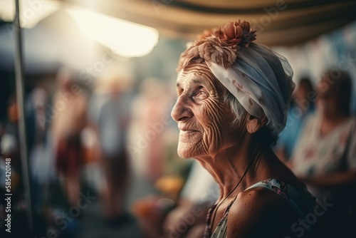 Elderly woman with a kind smile at a vibrant farmers market