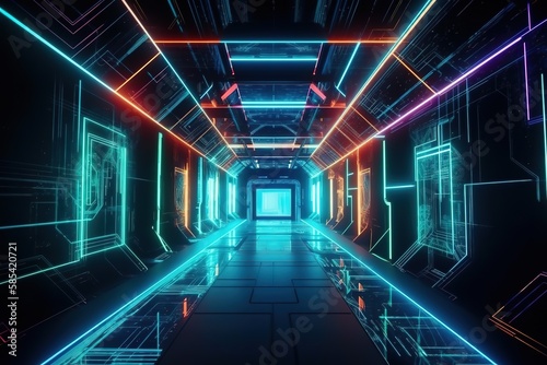 Abstract neon lights into digital technology tunnel. Futuristic technology abstract background with lines for network, big data, data center, server, internet, speed, Generative AI