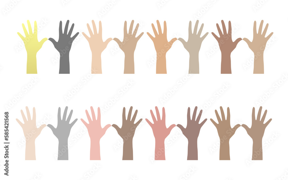 Colorful up hands. hands sign. skin tone.