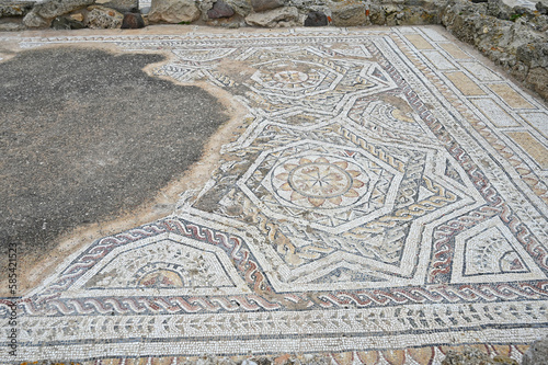 Floor mosaics at the ancient Phoenician and Roman archeological site of Nora, Pula, in the south of Sardinia, Italy