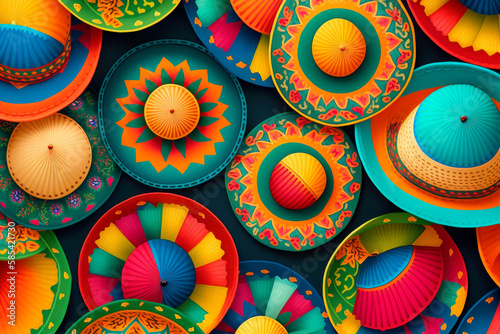 Colorful pattern background with Mexican Sombrero hats. Cinco De Mayo concept. Generative AI