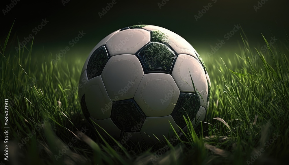 White-black soccer ball on the lush green grass of the football field close-up