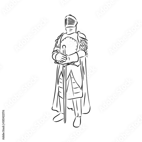 Knight armour engraving vector illustration. Scratch board style imitation. Black and white hand drawn image.