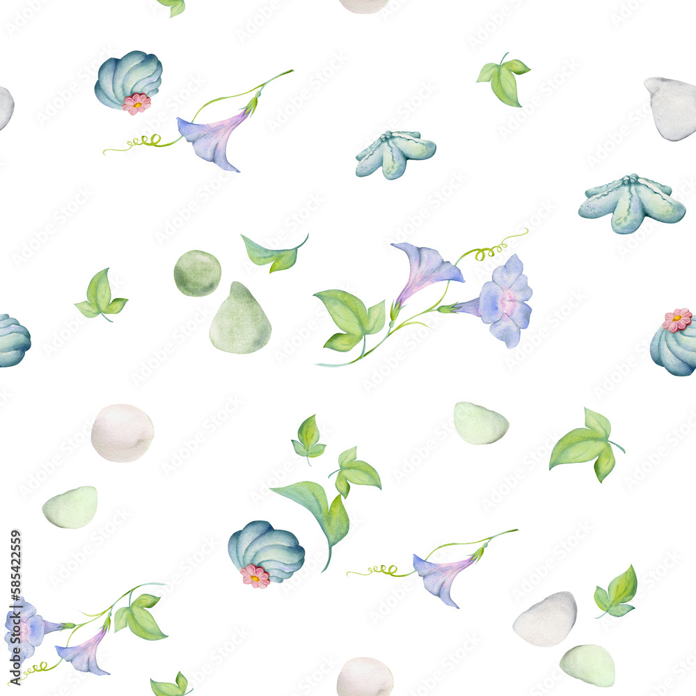Watercolor seamless pattern with hand drawn traditional Japanese sweets. Wagashi, mochi, summer flowers. Isolated on white background. Invitations, restaurant menu, greeting cards, print, textile