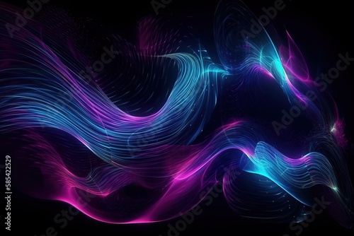 Abstract blue and purple liquid wavy shapes futuristic banner. Glowing retro waves vector background, Generative AI