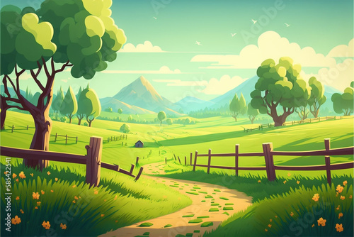 country road nature scene of forest And a big tree in the middle cartoon illustration style 