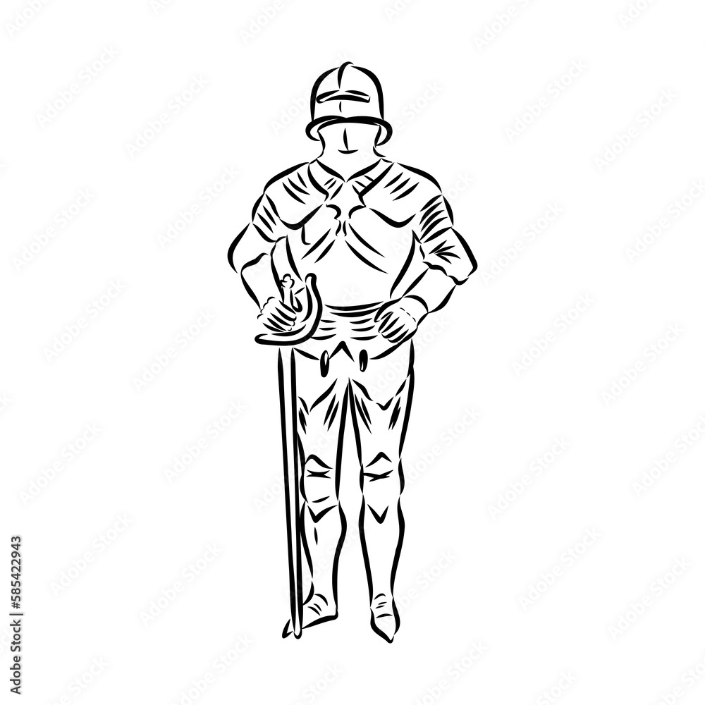 Knight armour engraving vector illustration. Scratch board style imitation. Black and white hand drawn image.