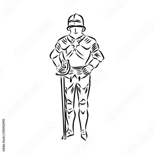 Knight armour engraving vector illustration. Scratch board style imitation. Black and white hand drawn image.