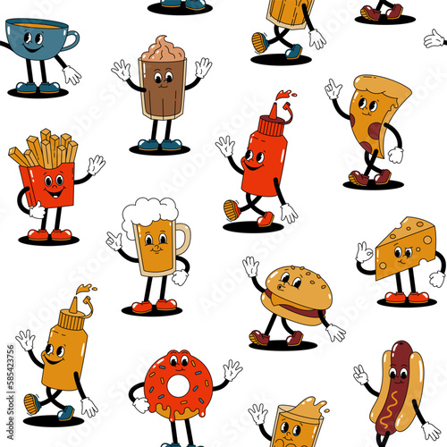 Vector seamless pattern with cartoon retro mascots colored illustrations of walking street food on a white background. Vintage style 30s, 40s, 50s old animation.