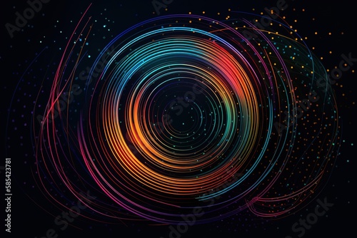 Abstract colorful circular lines on dark blue background, Generative AI