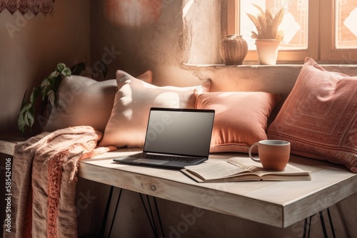 Laptop with cushions and linens. Boho house decor with warm wall shadows. Space mockup. Blogger, freelancer business idea. Generative AI