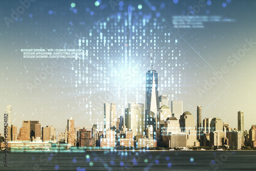 Abstract virtual code skull illustration on New York city skyline background. Hacking and phishing concept. Multiexposure