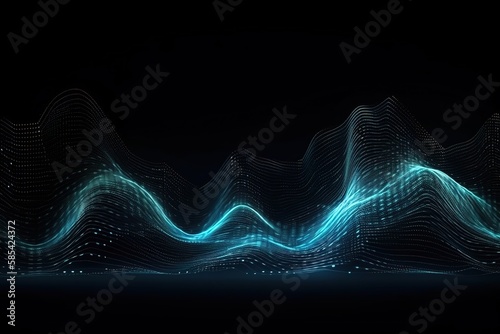 Blue background, digital signature with wave particles, sparkle, veil and space with depth of field. The particles are white light lines. , Generative AI