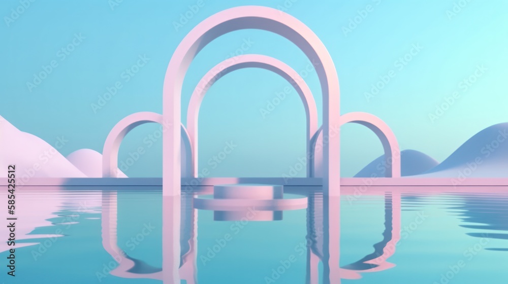 Abstract panoramic background. Fantastic scenery with calm water, simple geometric arches and pastel blue gradient sky. Generative AI.