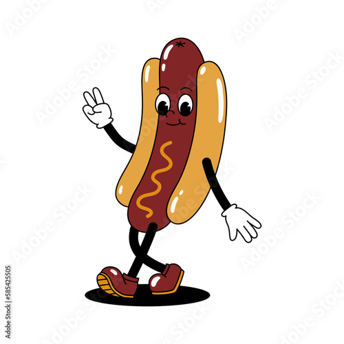 Vector cartoon retro mascot color illustration of a walking hot dog. Vintage style 30s, 40s, 50s old animation. The clipart is isolated on a white background.